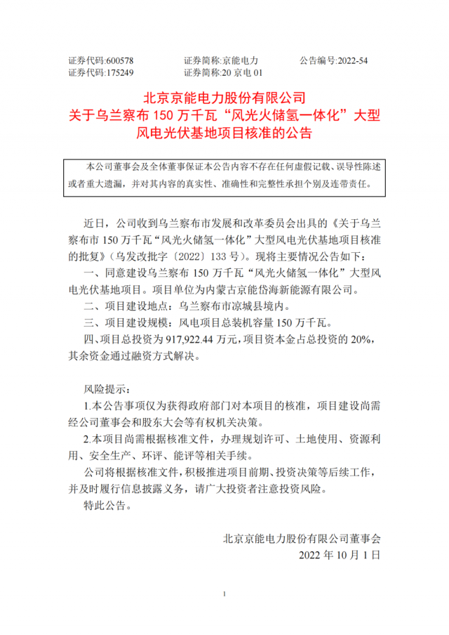 京能電力150萬(wàn)千瓦“風(fēng)光火儲(chǔ)氫”基地獲批！
